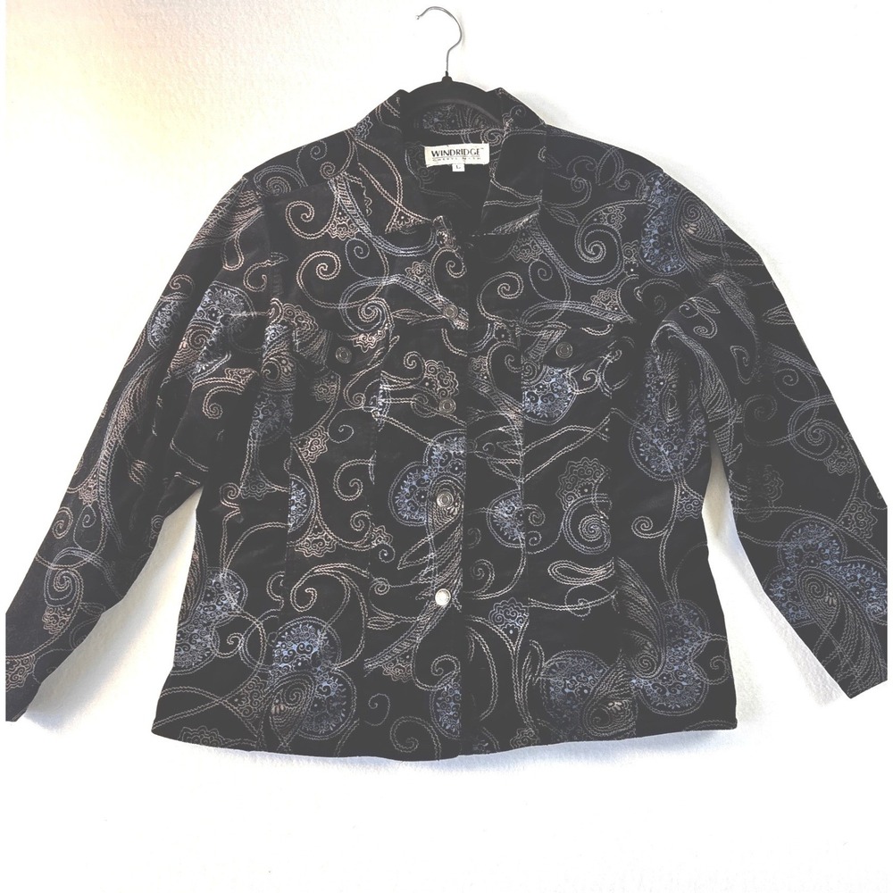 Windridge Cheryl Nash Womens Paisley Corduroy Jacket Black Blue‎ Swirl Size L